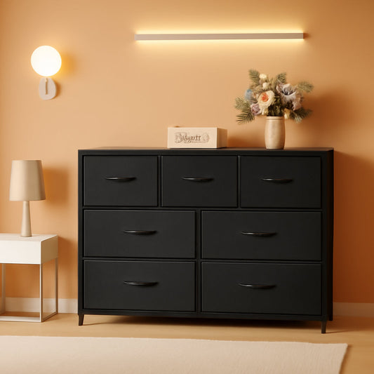 7 Drawer Dresser With Deep Storage And Wood Top Finish