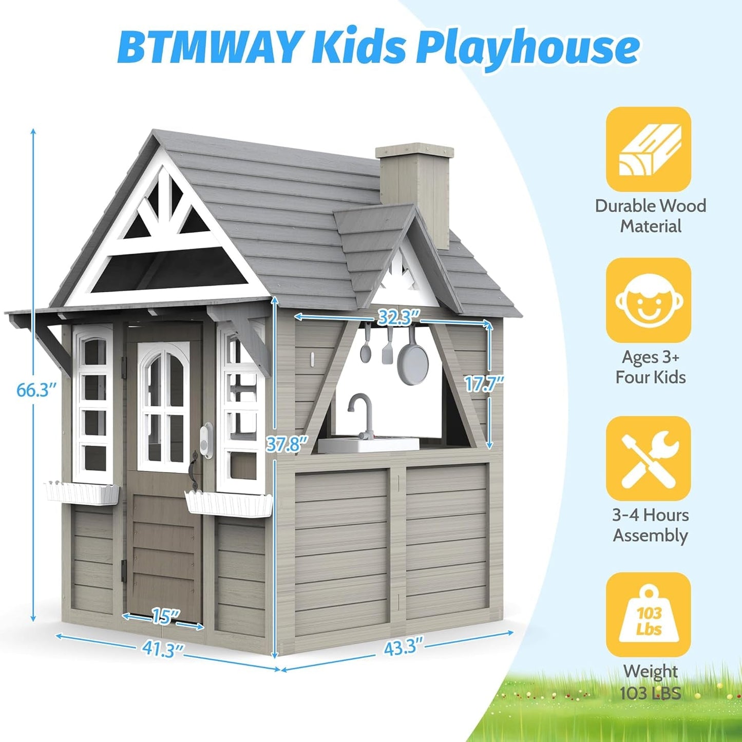 Gray Cedar Outdoor Playhouse With Realistic Kitchen