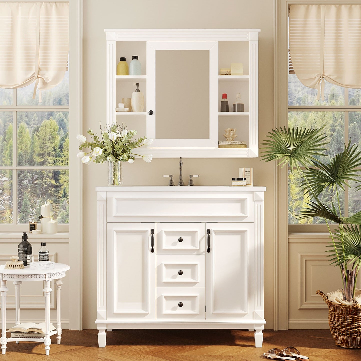 36" Bathroom Vanity with Top Sink, Mirror Cabinet