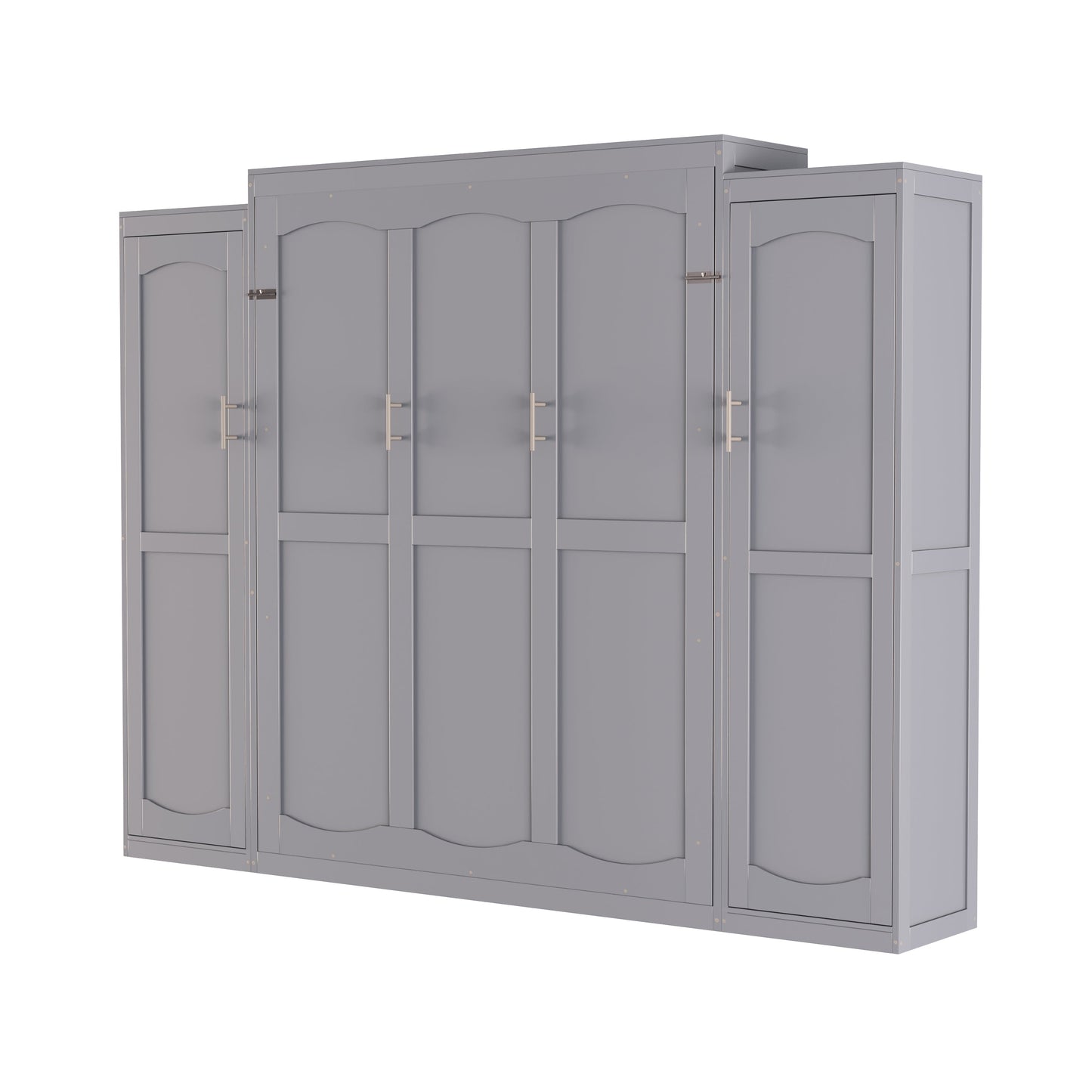 Full Size Murphy Bed, Wooden Full Wall Bed with 2 Wardrobe and Storage Shelf, Multifunctional Foldable Platform Bedframe for Guest-Room, Bedroom, Gray