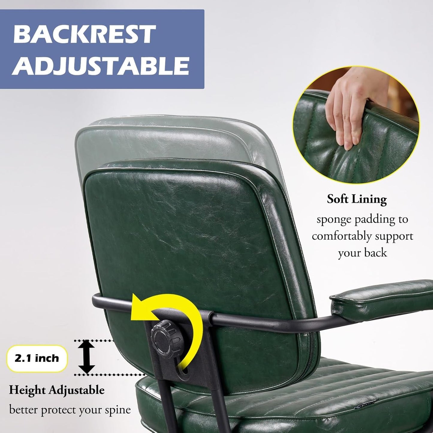 Green Leather Mid Century Office Chair With Wheels And Arms