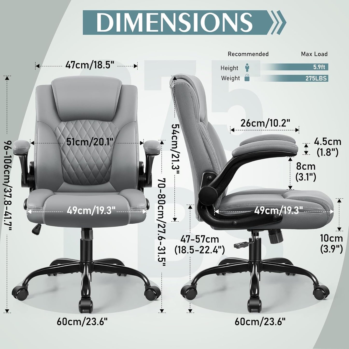 Gray PU Leather Office Chair With Ergonomic Back Support
