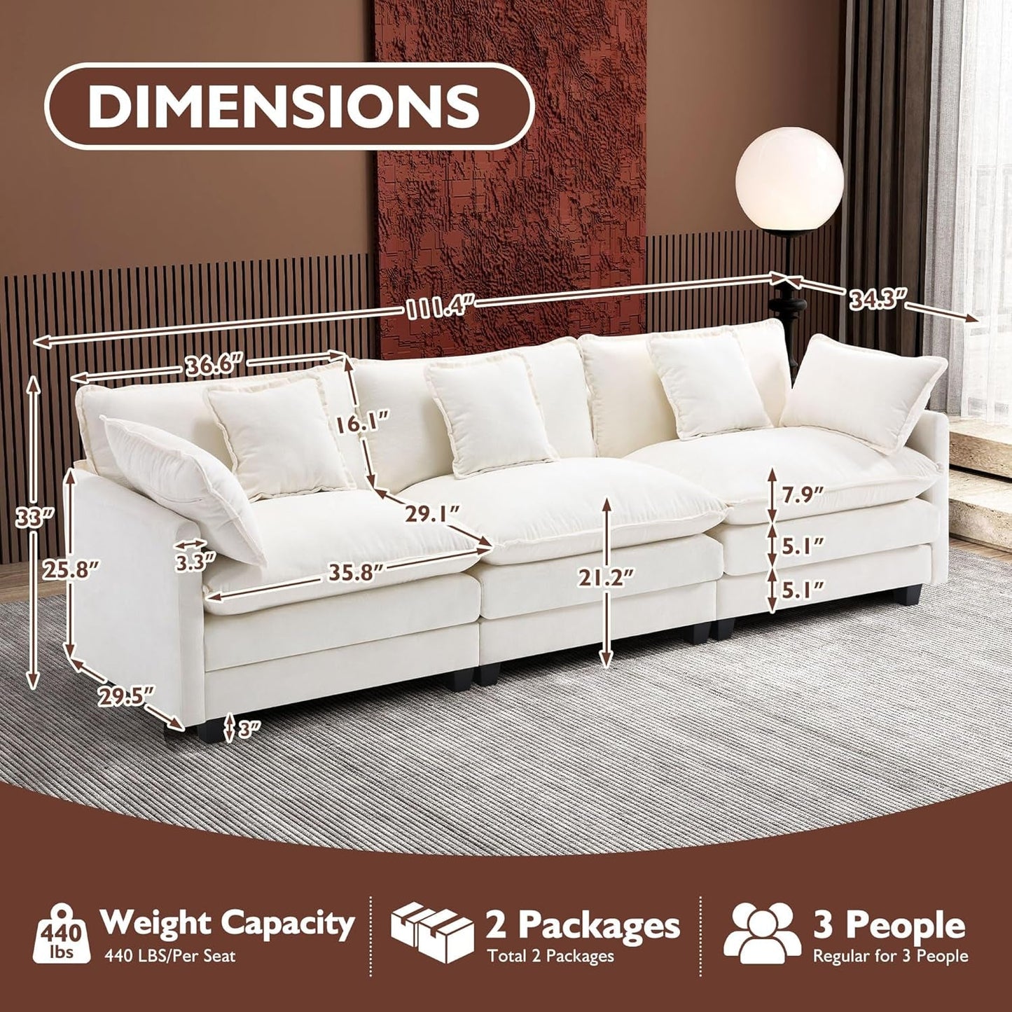111.4 Inch 3 Seater Cloud Sofa Modular Sectional Couch Beige With Breathable Chenille Fabric
