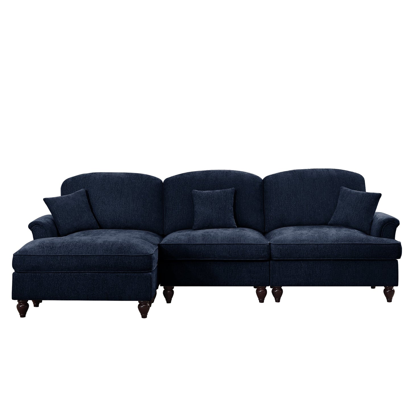Mid Century Three Seater Modular L Shaped Sectional Couch with Flared Arms and Removable Ruffles Pleats Skirts and Spindle Legs, Comfy Chenille 3-Seat Deep Seat Sofa with Movable Ottoman,Blue