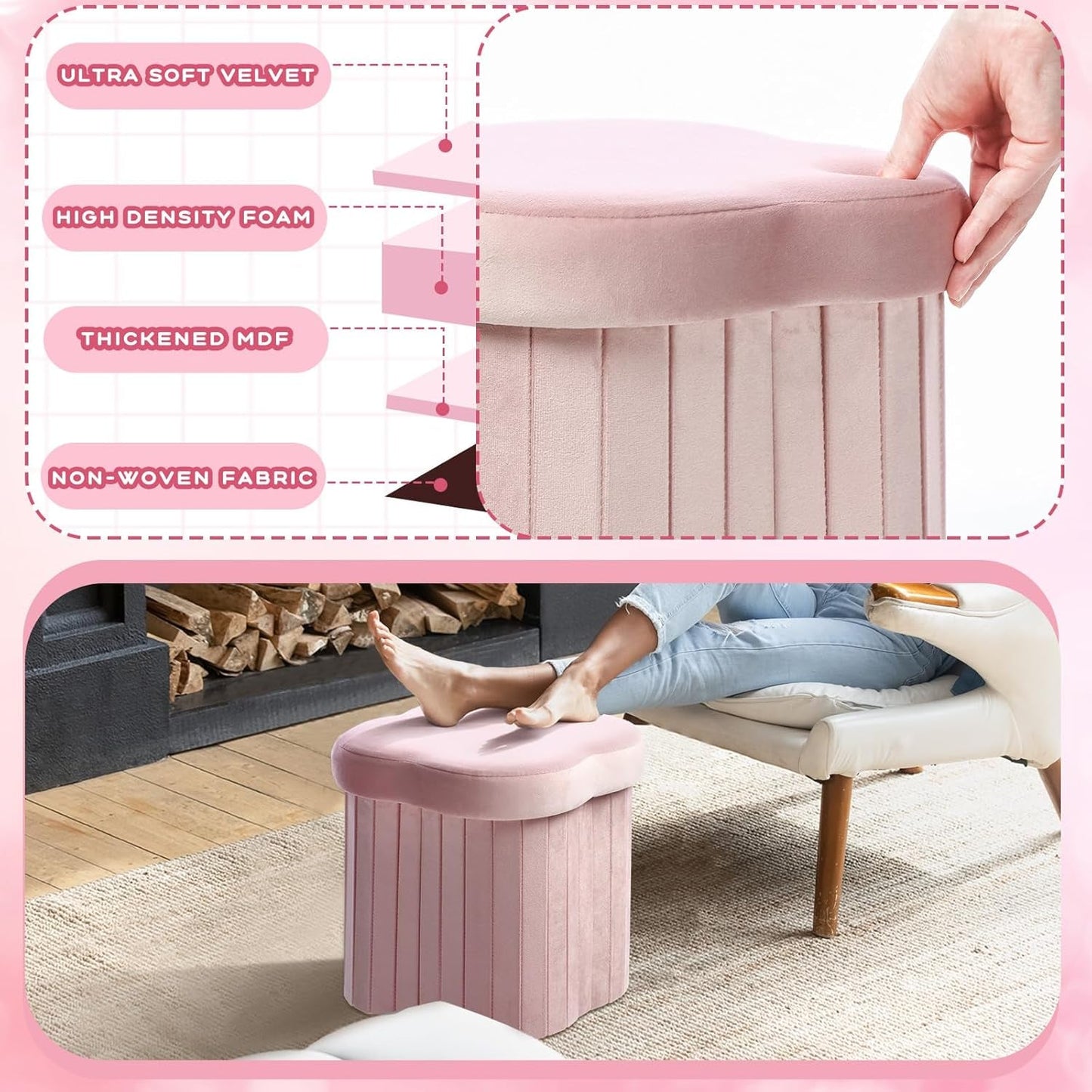 Flower Shaped Velvet Foldable Storage Ottoman Pink