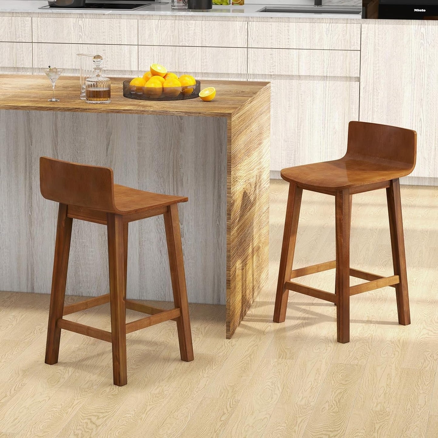 24.5 Inch Counter Height Farmhouse Wooden Bar Stool Set Of 2 With Brown Footrest And Low Back