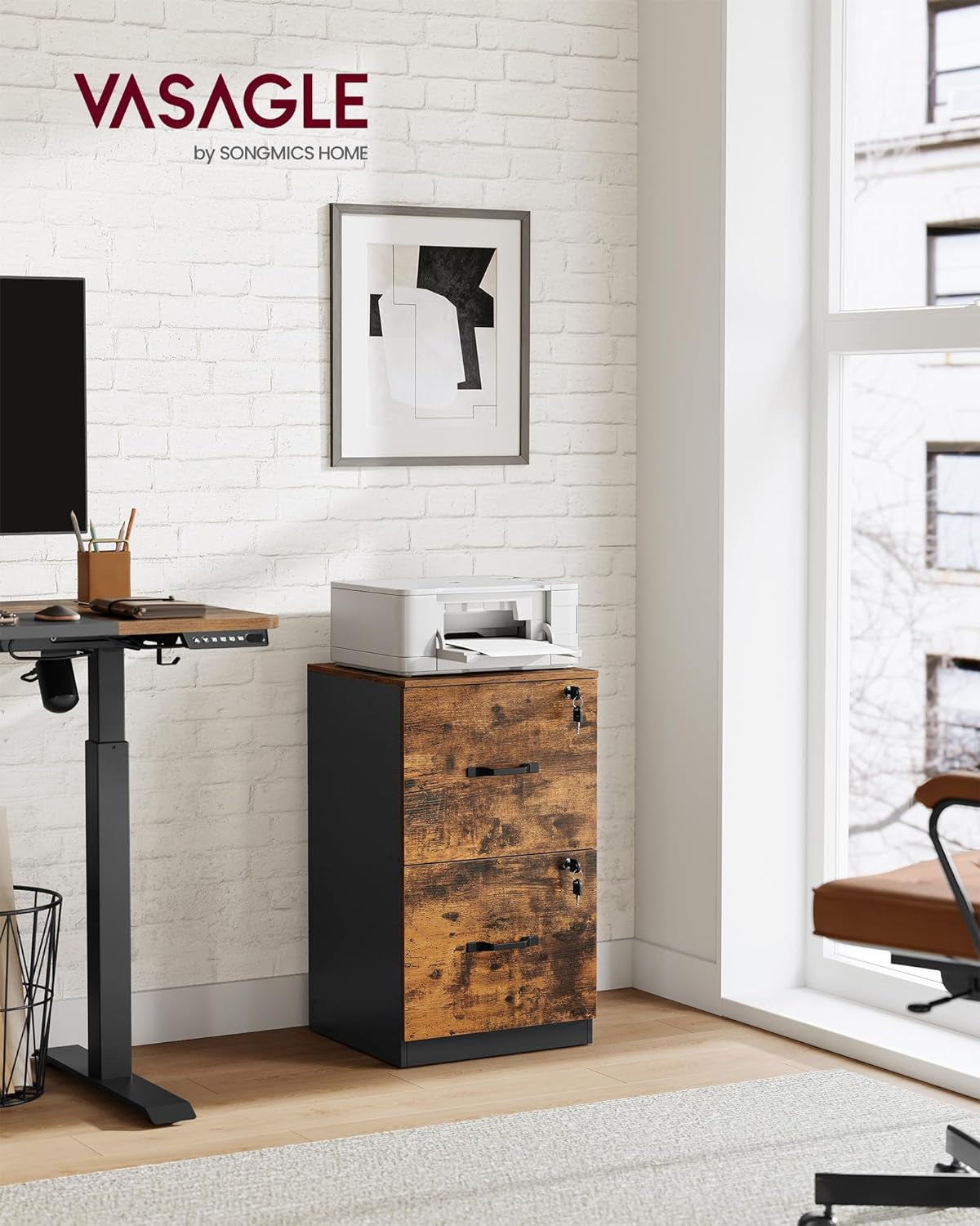Two Drawer File Cabinet With Lock Printer Stand For A4 And Letter Size Files Rustic Brown And Black