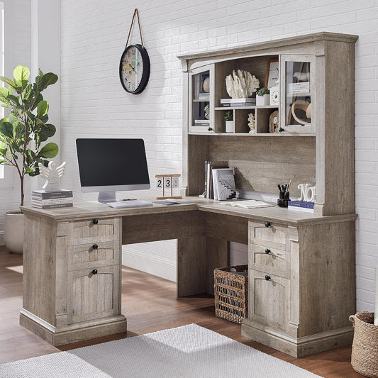 60-Inch L-Shaped Desk With Hutch Light Rustic Oak Finish
