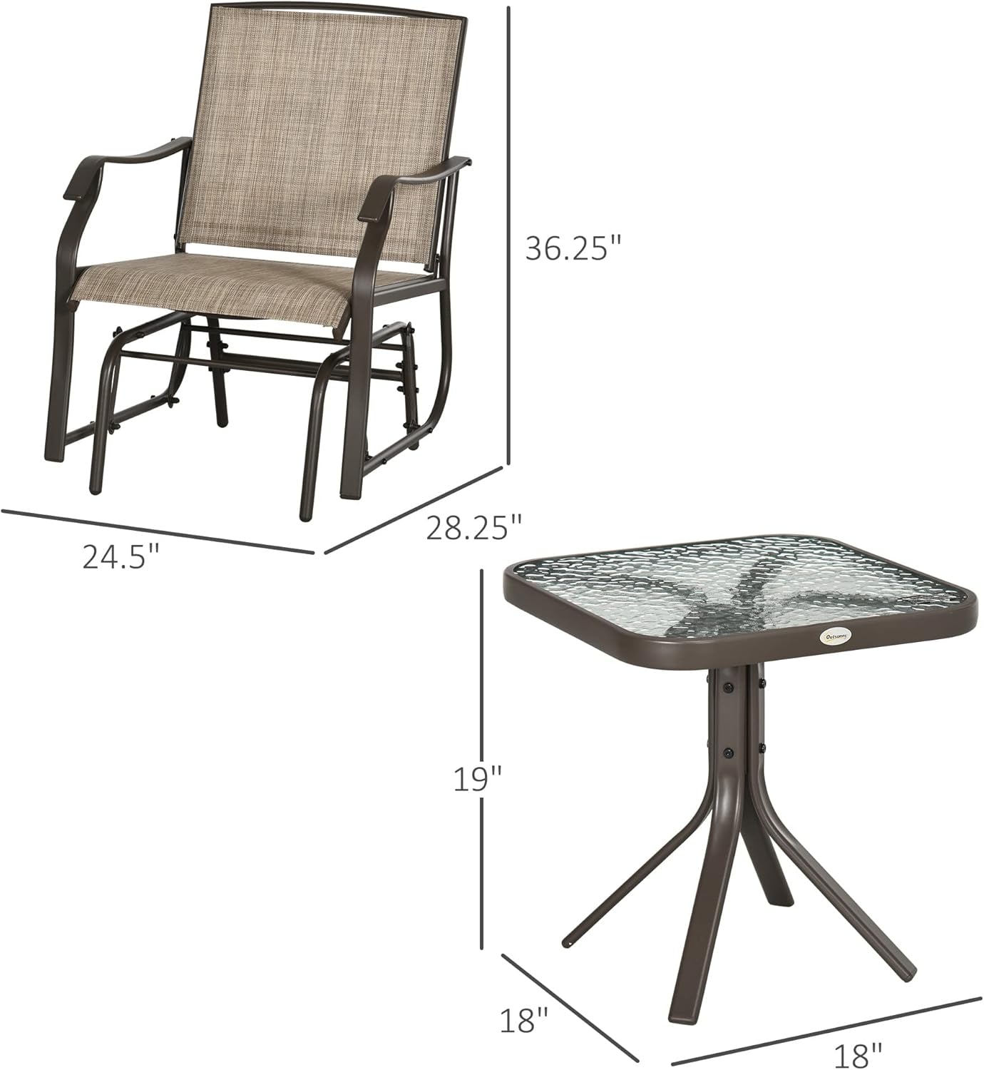 3 Piece Outdoor Glider Chair Bistro Set With Two Sling Chairs And Glass Tabletop Mixed Brown