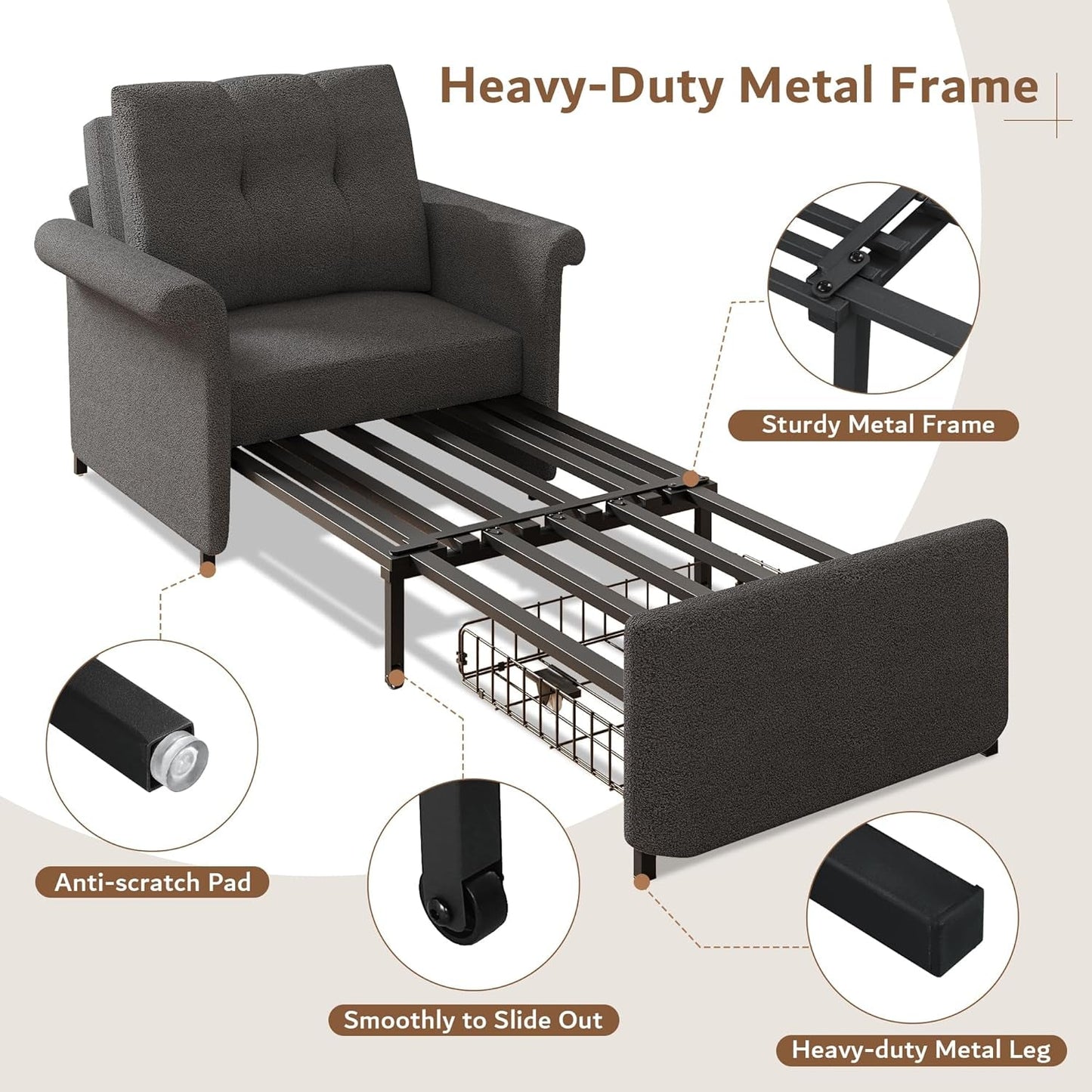 Dark Gray Lambswool Fabric Textured Sofa Bed Chair Storage