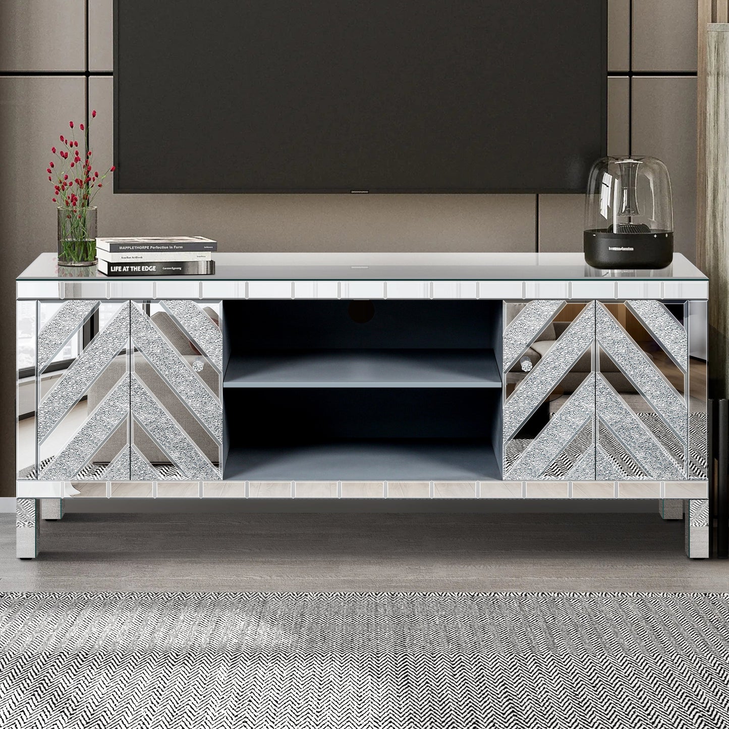 47 Inch Mirror TV Media Console with Diamond Glass Doors, Dual Door Design with Open Storage Space, Compatible with 50-Inch TVs, Modern Decor for Living Room & Bedroom