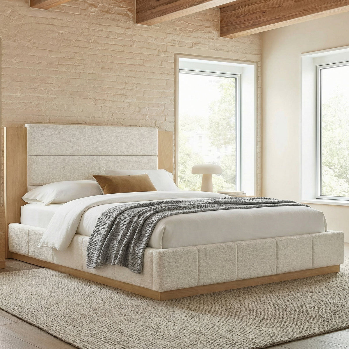 Upholstered Platform Bed Frame with Extended Wood Headboard
