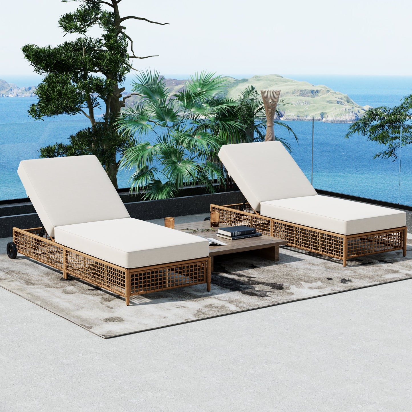 TREXM Outdoor Lounge Chair with Cushion and Wheels