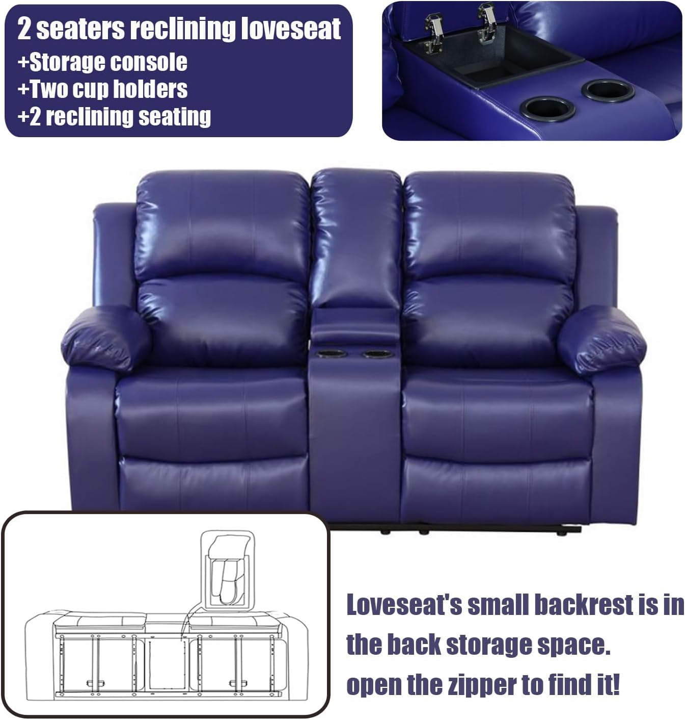 Blue Leather Reclining Sofa Set With Drop Table And Storage
