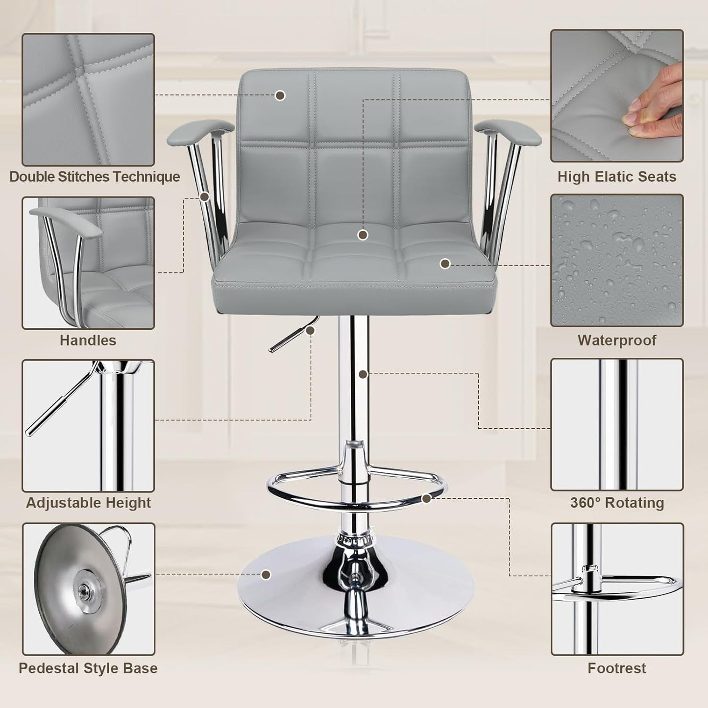 Counter Height Bar Stools Set 2 Armrest Swivel Leather Grey