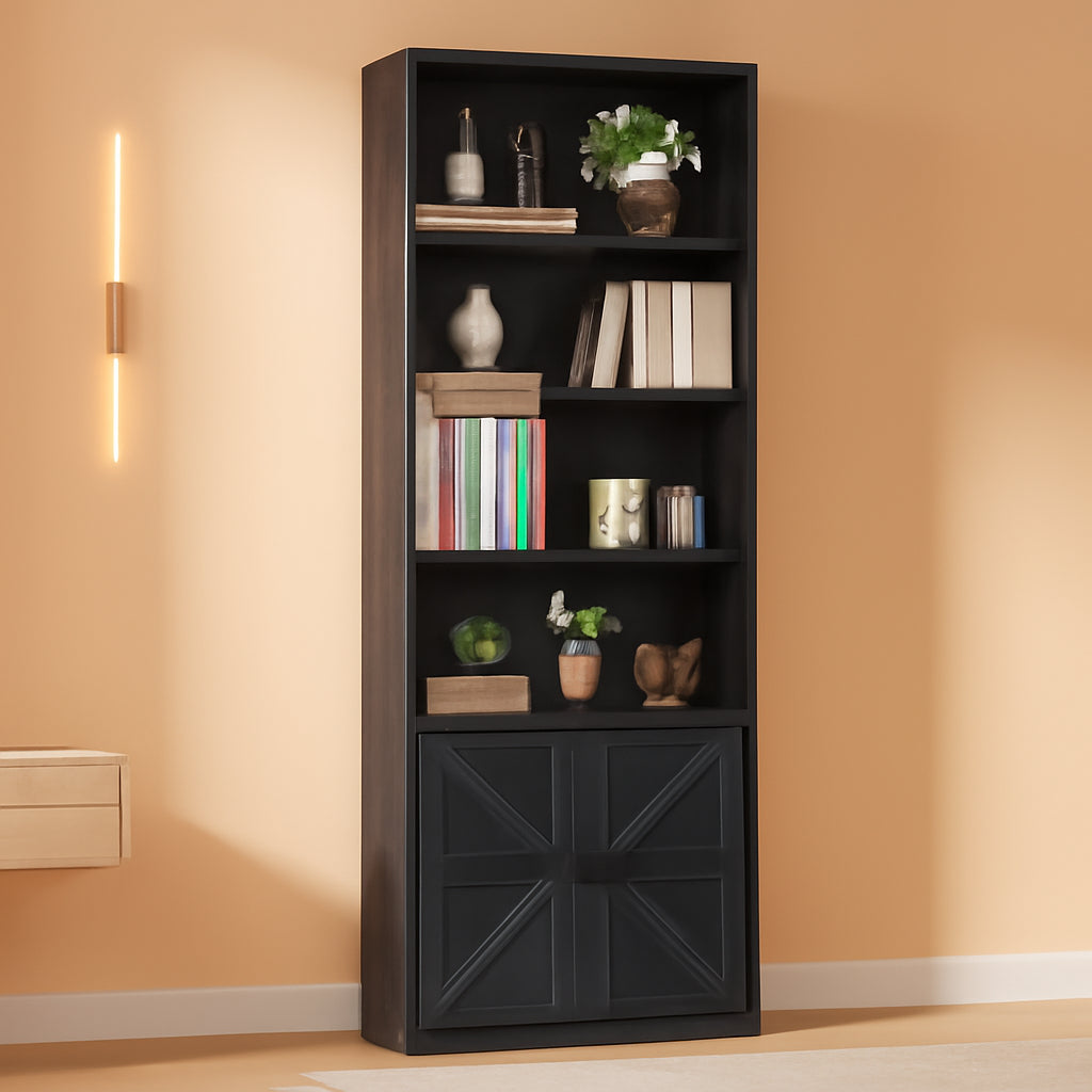 Industrial Bookshelf Cabinet With Doors Tall Black