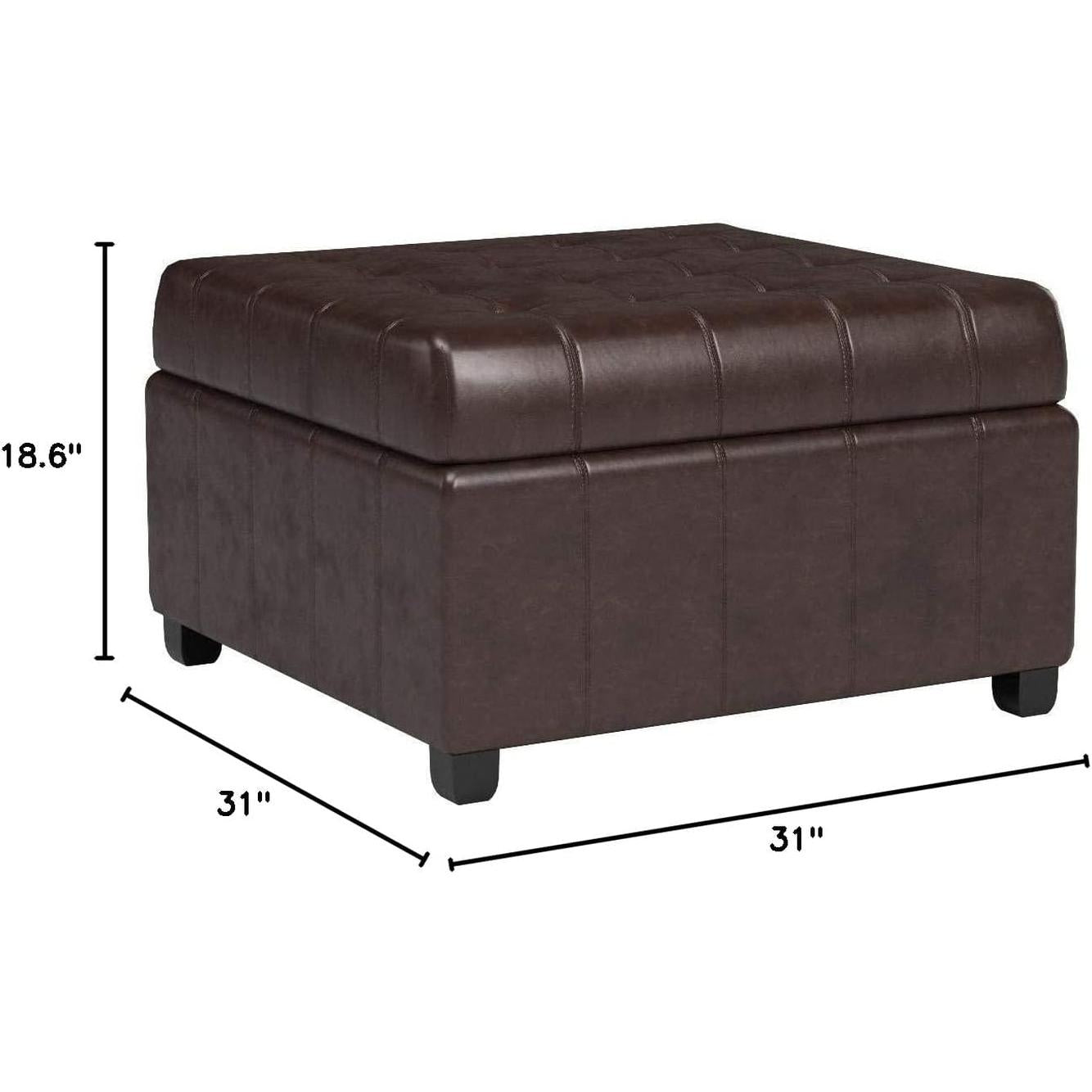 Marbled Brown Leather Storage Ottoman for Living Room with tufted top and storage, dimensions 31" x 31" x 18.6".