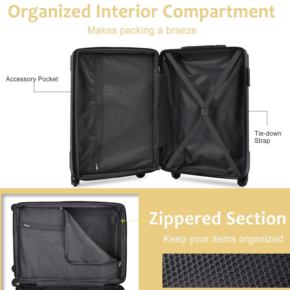 Expandable Hard Shell ABS Suitcases - 3 Piece Set