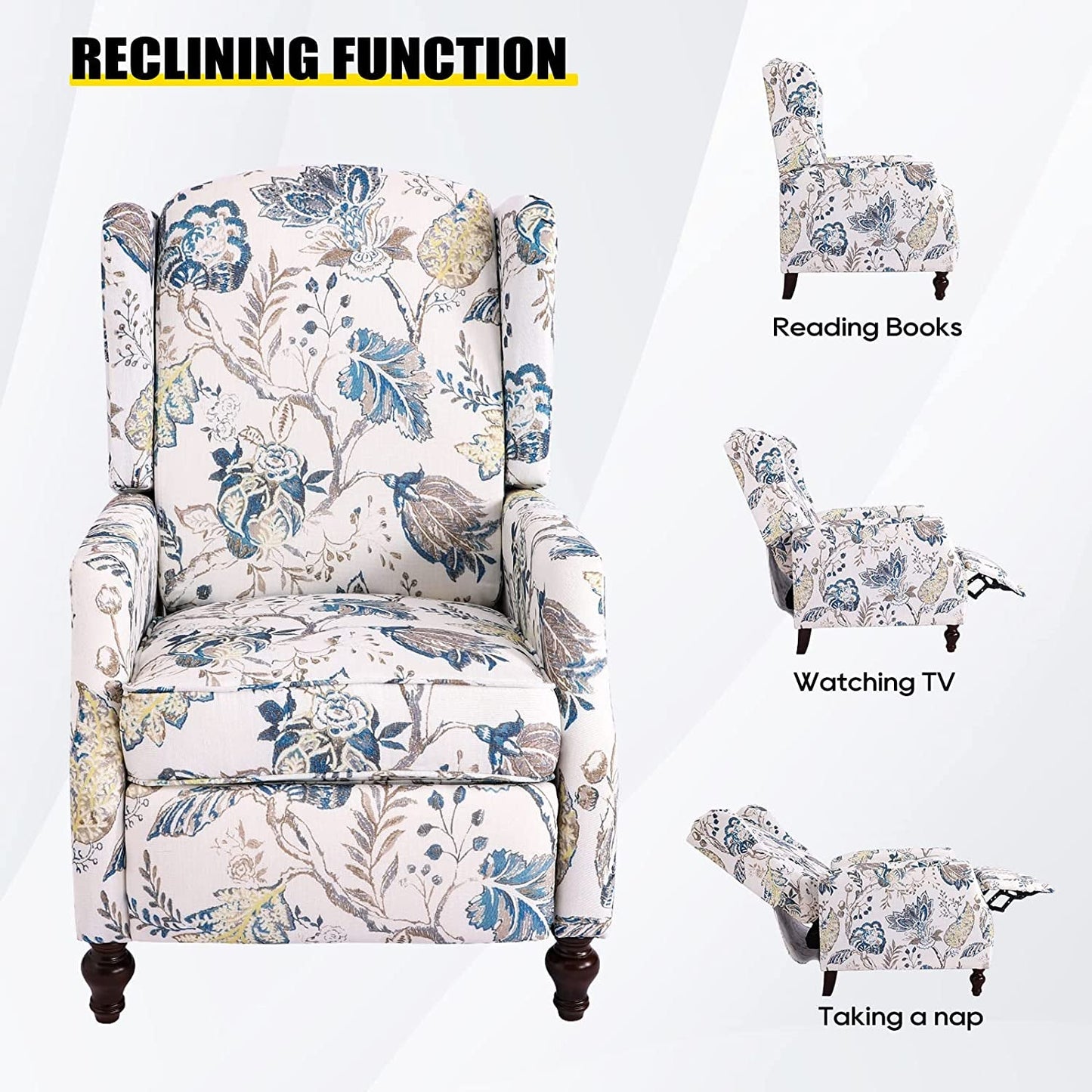 Upholstered Wingback Recliner Chair Blue Floral Elegant