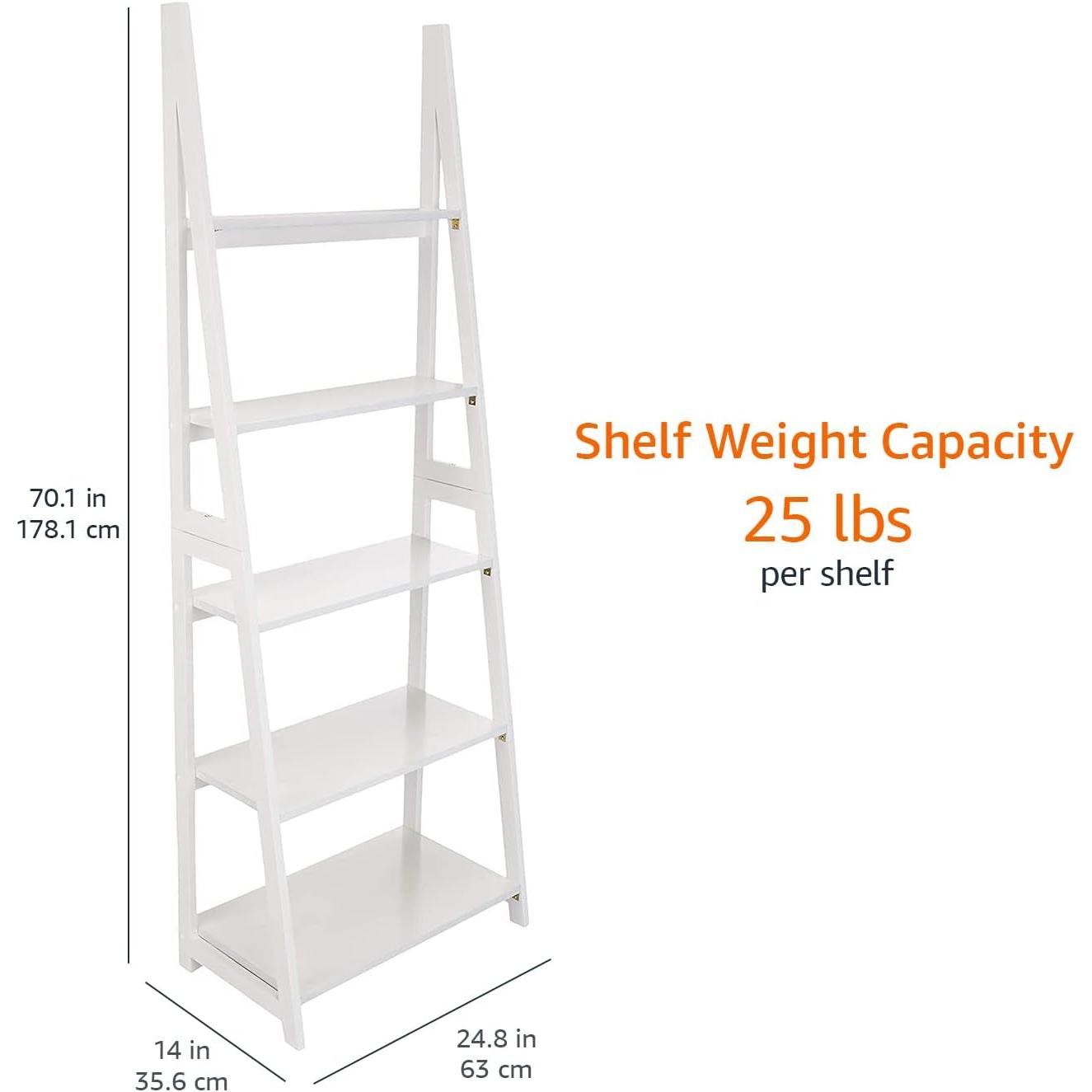 Five Tier Ladder Bookshelf Organizer In White Rubberwood 70 Inch Tall