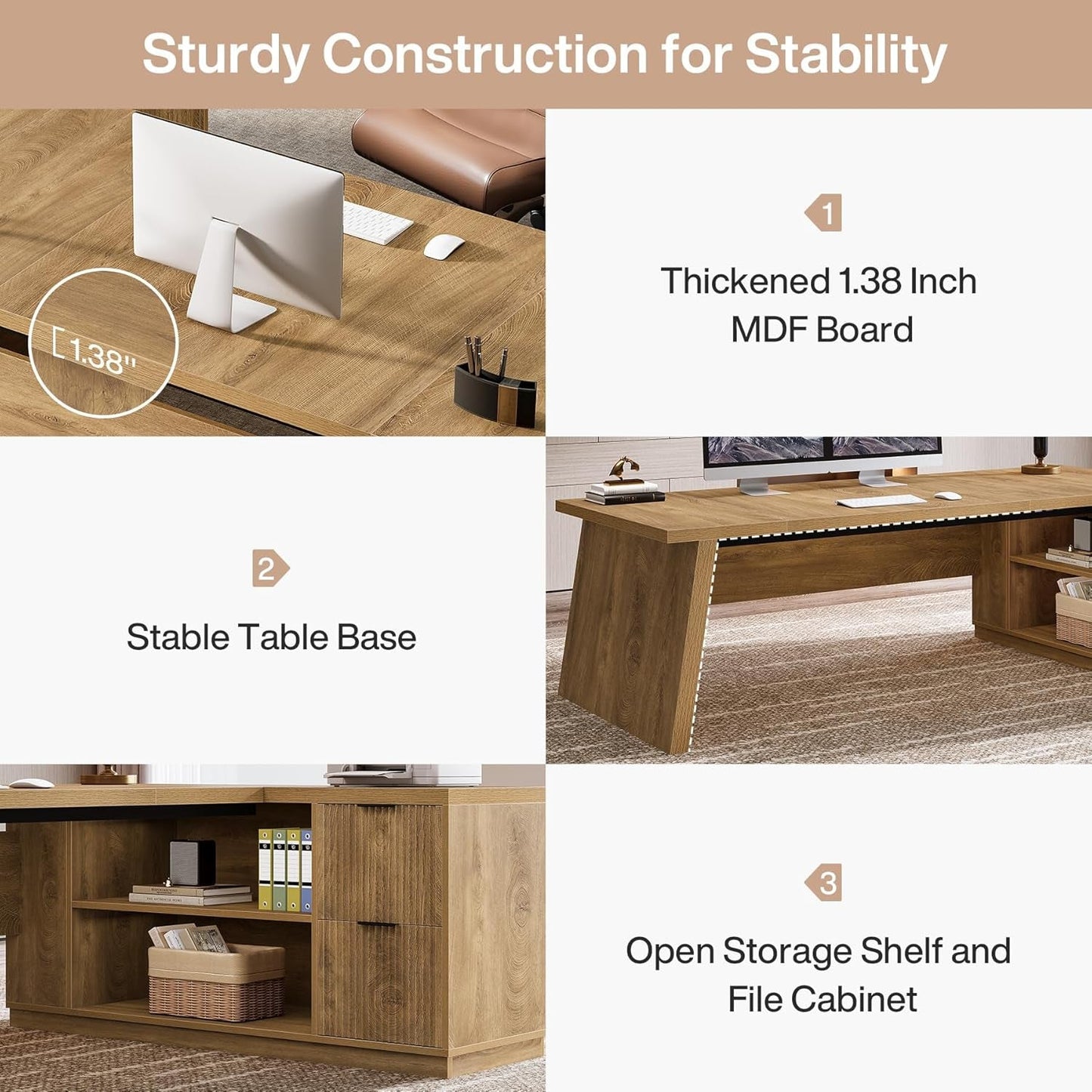 Executive Corner Desk 78 Inch Drawers Brown Shelves