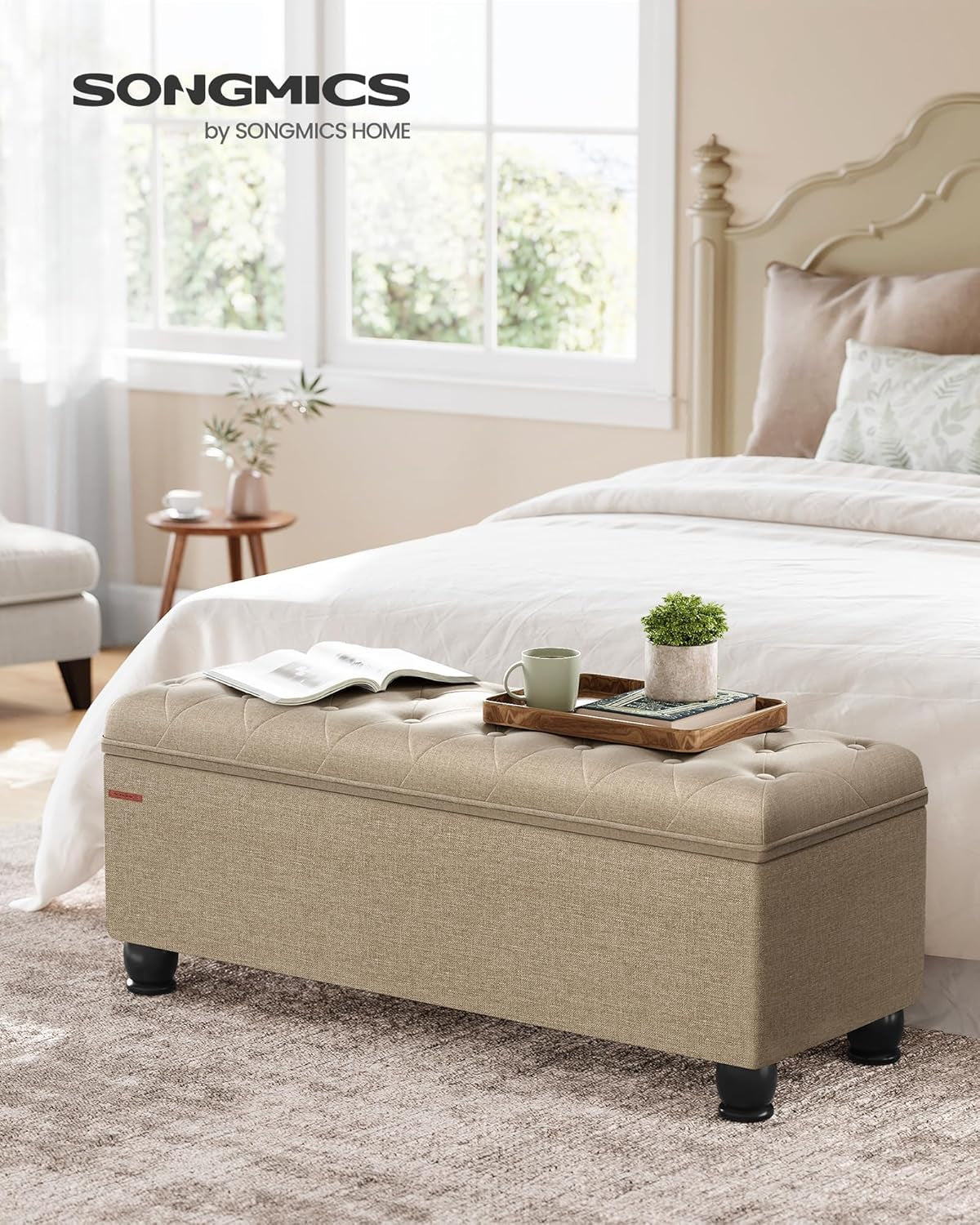 Camel Brown Linen Storage Ottoman Bench Reinforced