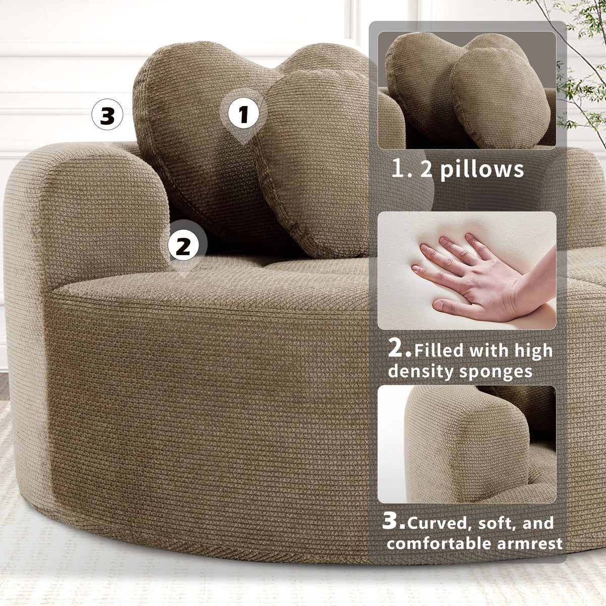 Round Sofa Bed with Memory Foam Sectional Couches for Living Room