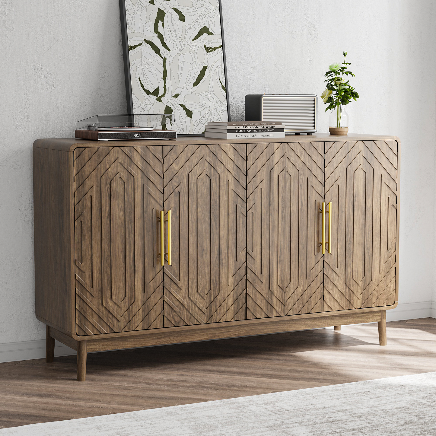 Carved 4-Door Sideboard Buffet Cabinet