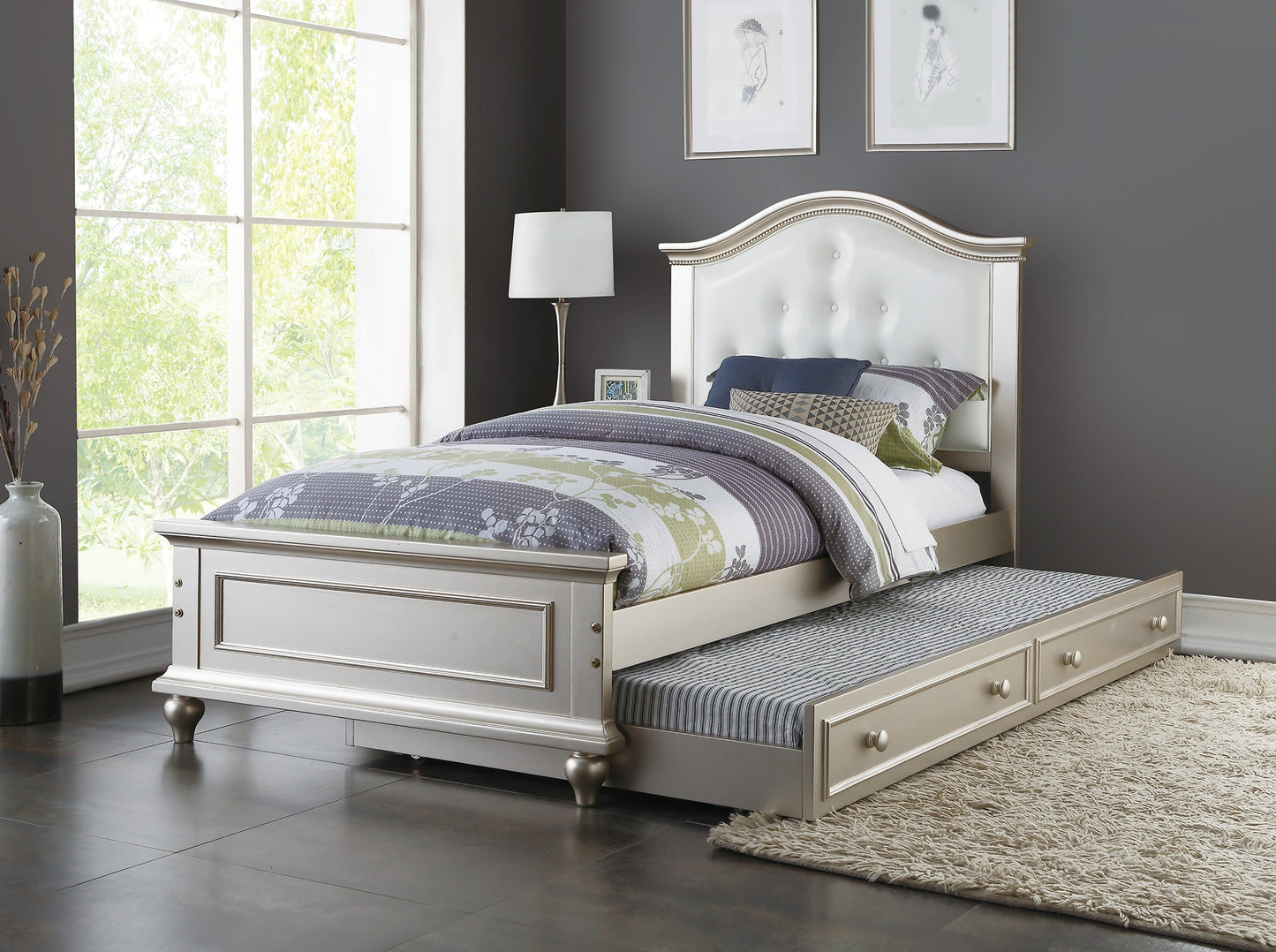 Contemporary Style Silver Twin Size Bed w/ Trundle Slats Pine Plywood Kids Youth Bedroom Furniture White Faux Leather Tufted HB
