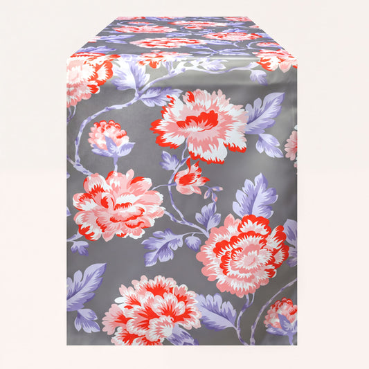 Gray Red Table Runner - Floral Polyester Indoor Outdoor Decorative Linen