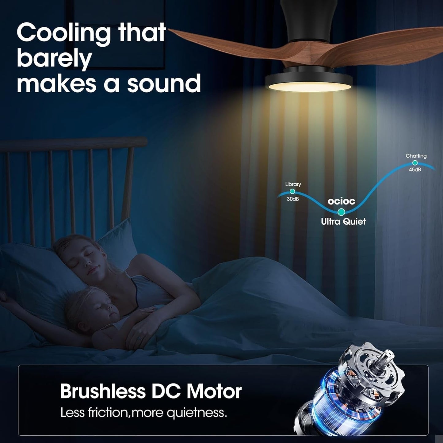 32 Inch Quiet Ceiling Fan With LED Light Remote Control Walnut Finish illuminating a cozy bedroom with whisper-quiet operation.