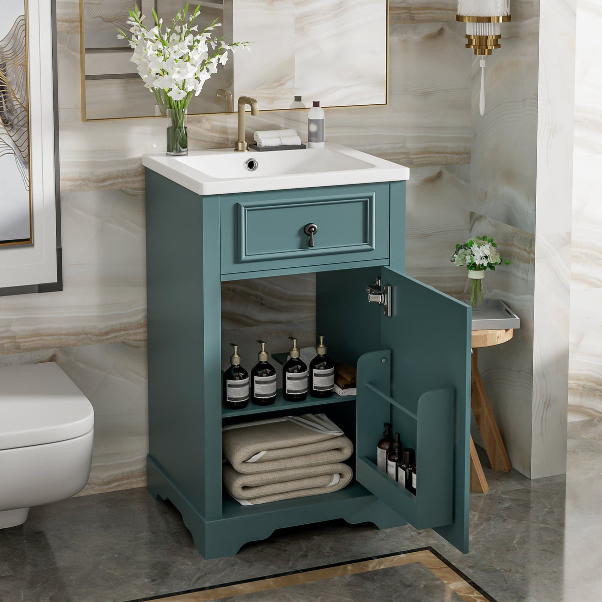 20-Inch Bathroom Vanity with Ceramic Sink, Soft Close Door & Storage Rack