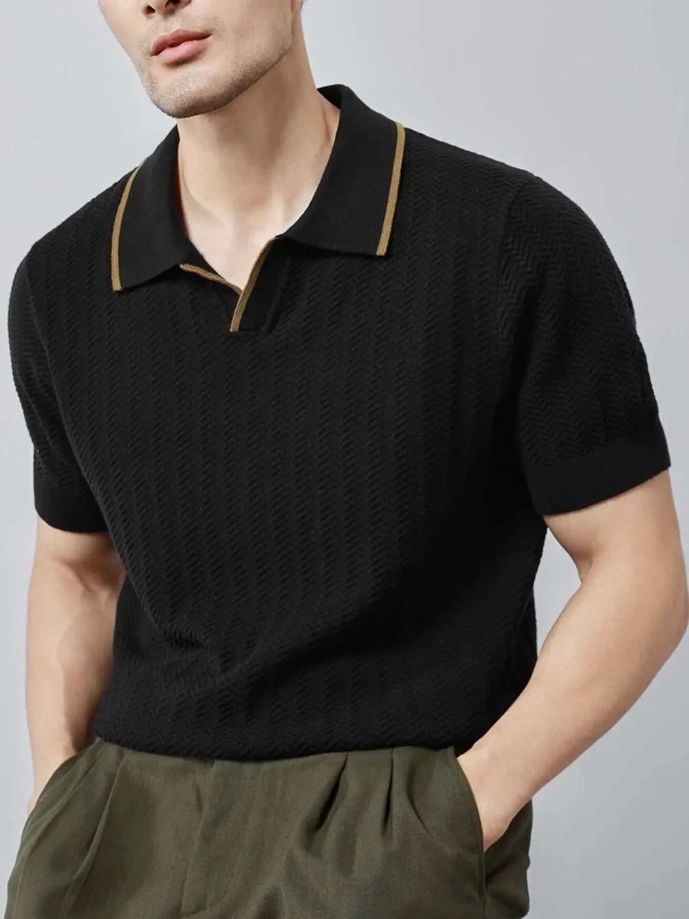 Textured Contrast Trim Short Sleeve Polo