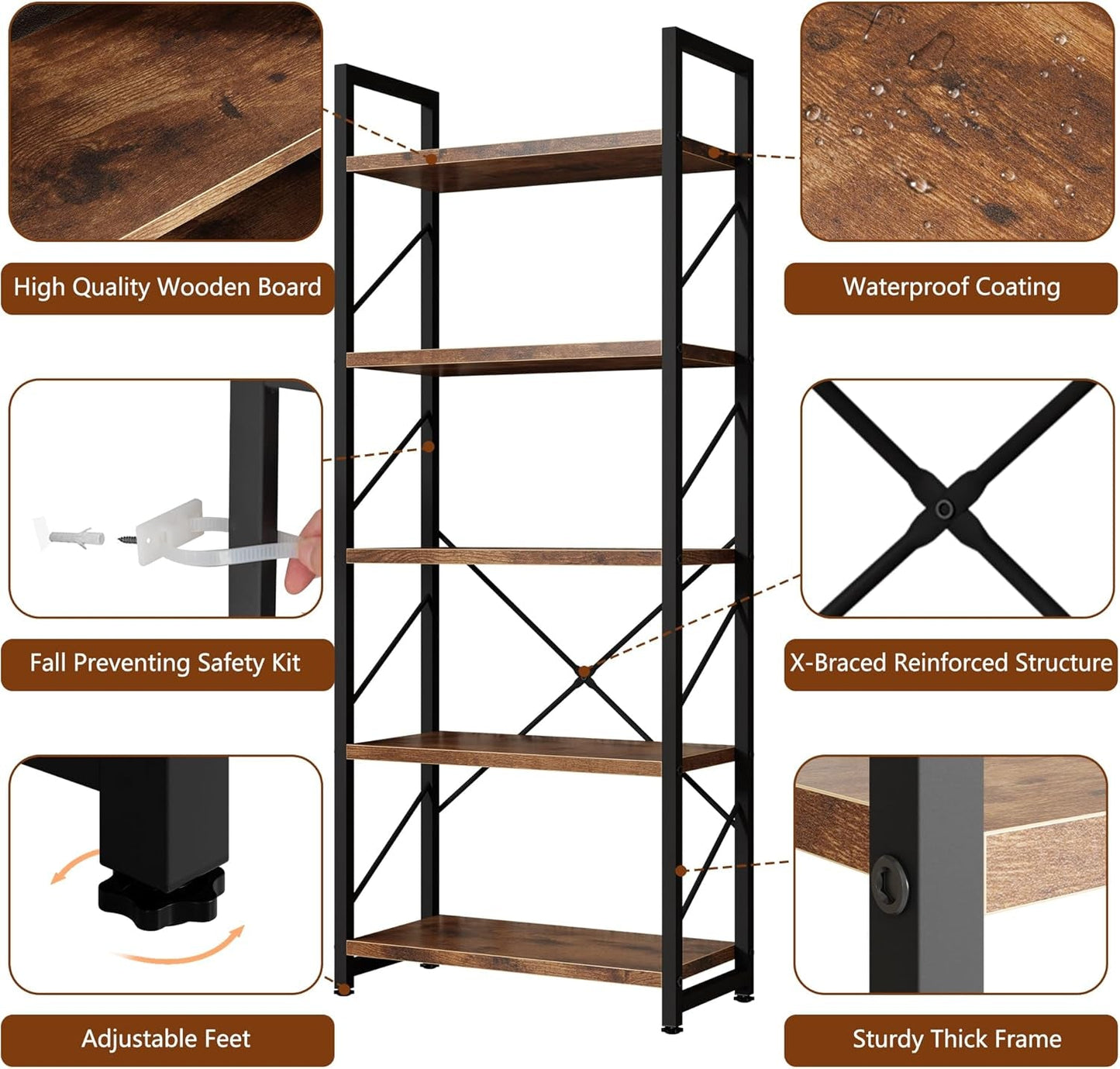 5 Tier Bookshelf Rustic Brown Tall Bookcase For Home Office