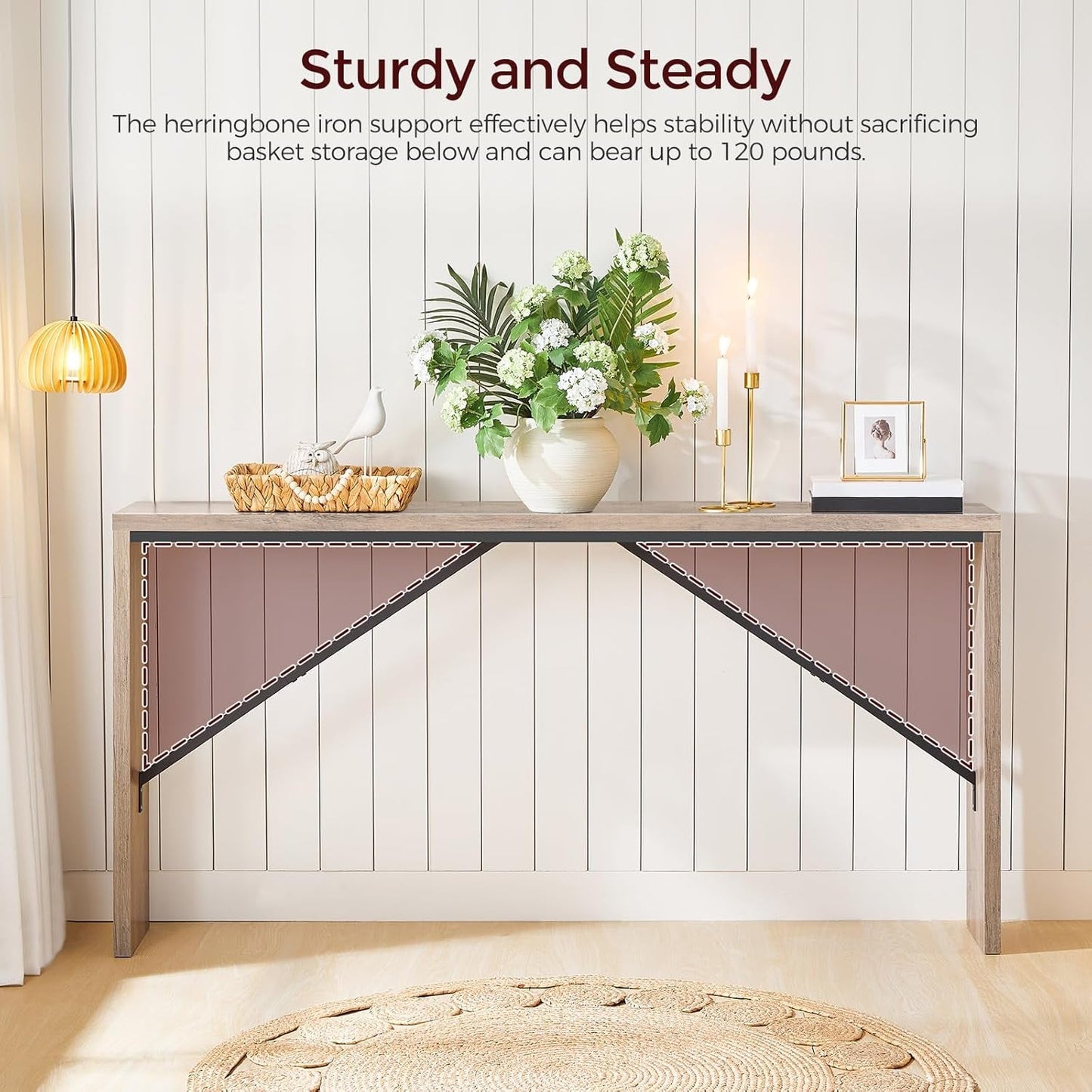62.2 Inch Greige Industrial Console Table For Entryway