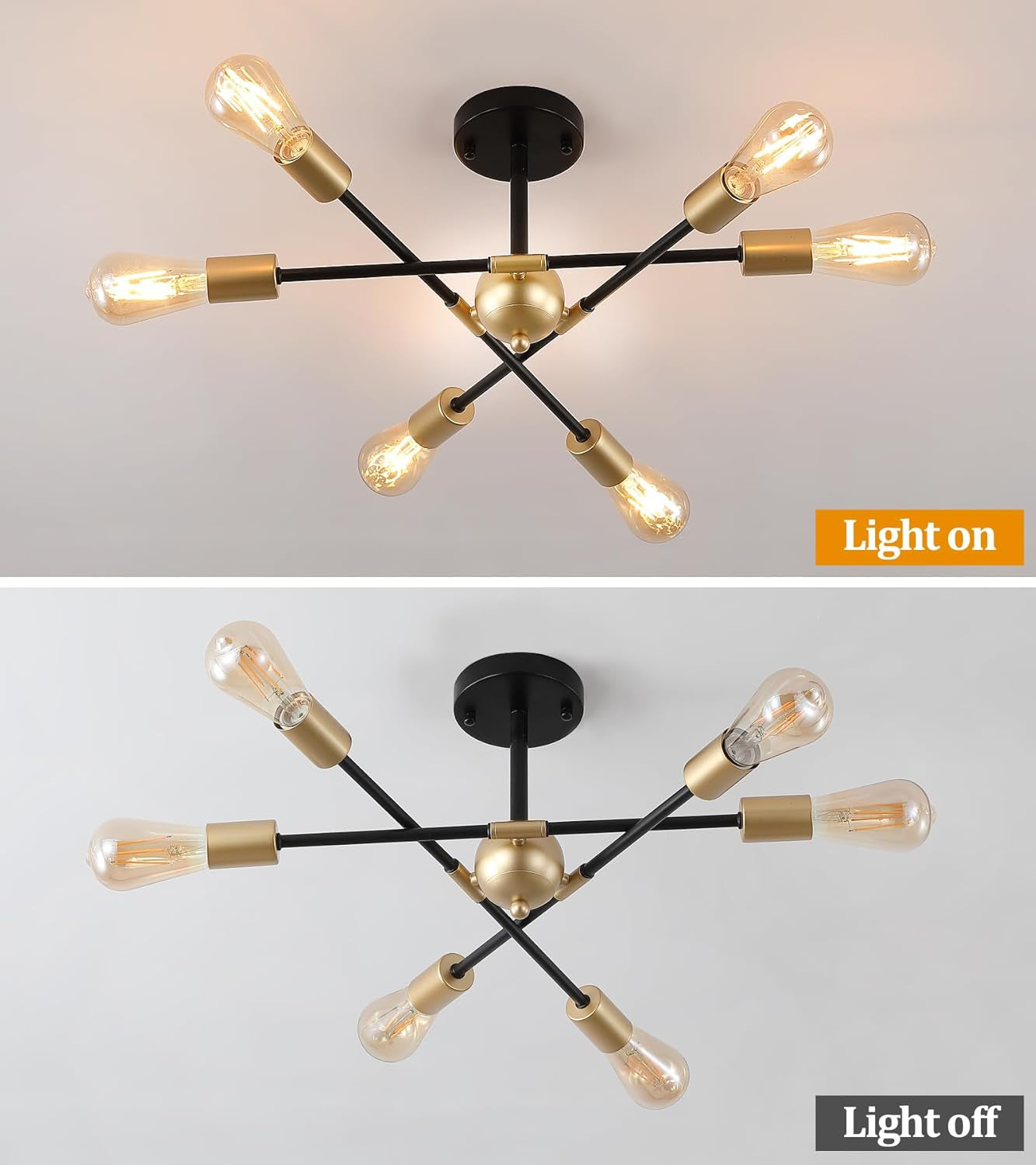 Black And Gold 6 Light Sputnik Ceiling Chandelier Semi Flush Mount UL Listed displaying light on and light off.