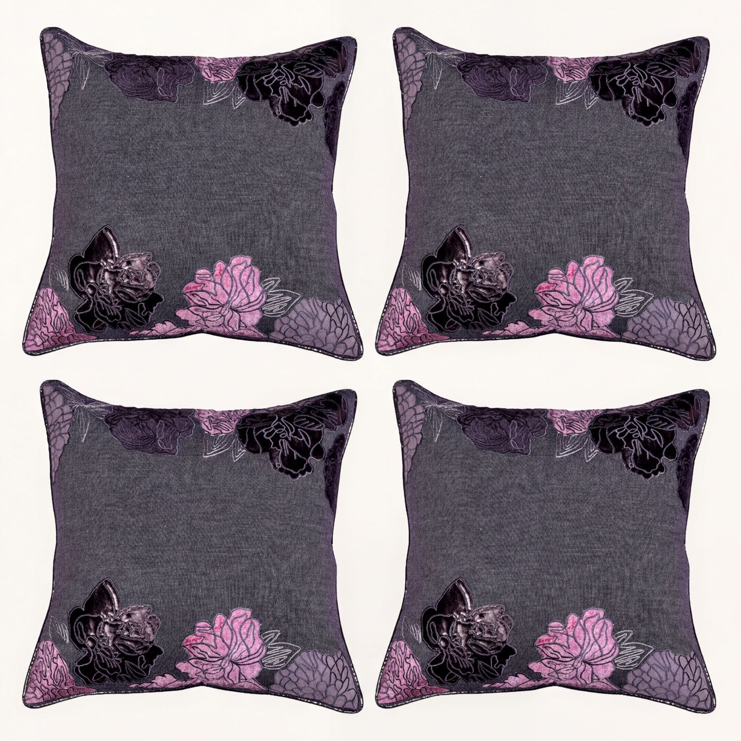 Gray Throw Pillow Covers - Embroidered Linen Cushion Set, 18x18 Inch PU Patchwork
