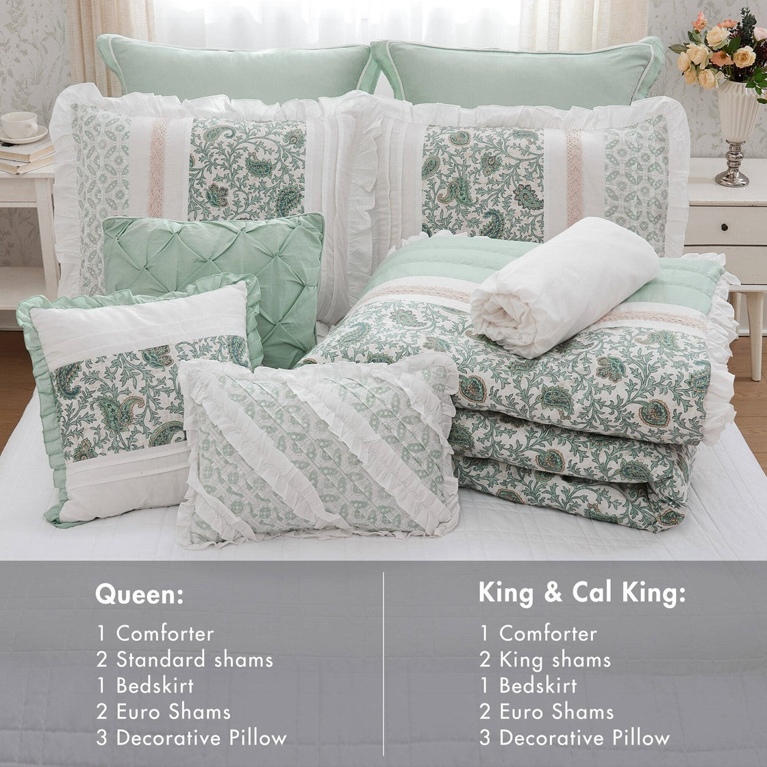 9 Piece Cotton Percale Comforter Set Aqua Queen