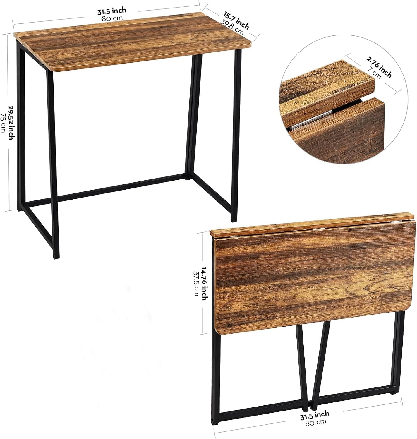 31.5 Inch Folding Computer Desk Space Saving Rustic Walnut