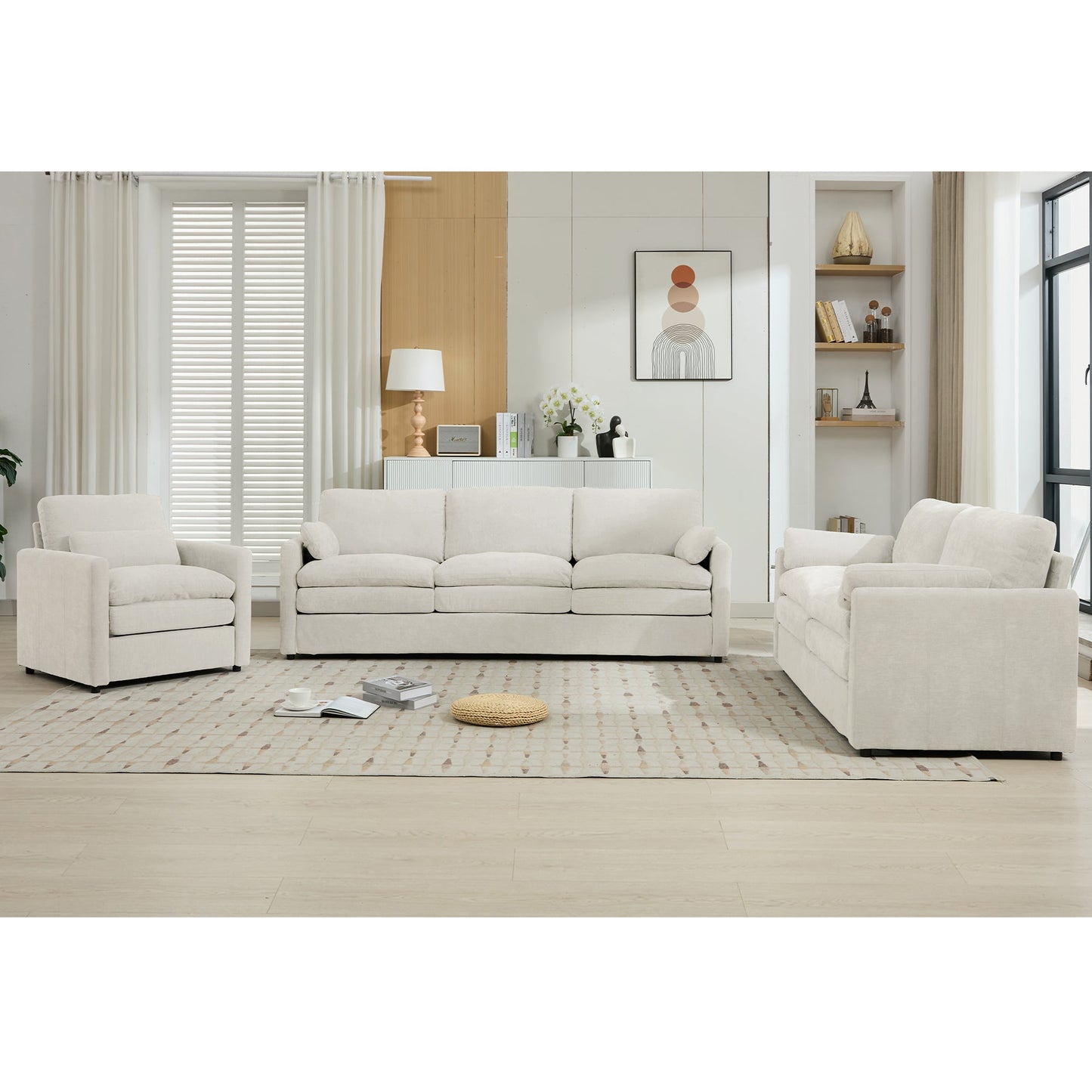 Cozy Upholstered Sofa Set Oversized Comfy Cloud Sofa Double Cushion Sofa Group Plush Cushion Sofa Couch for Living Room, Beige