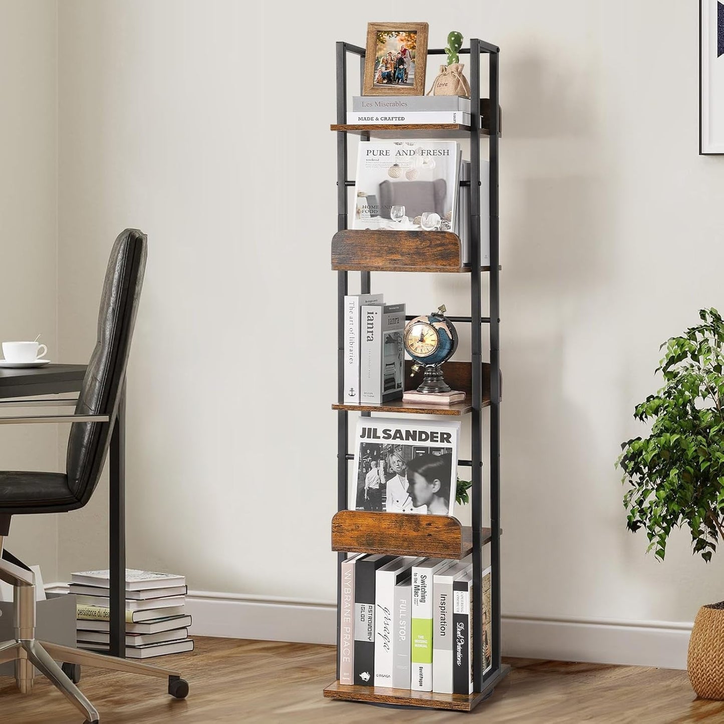 Black 5-Shelf 360 Degree Rotating Corner Bookshelf Tower