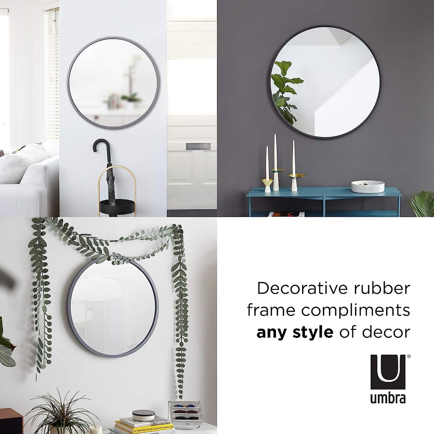 Round Rubber Wall Mirror 37 Inch diameter with decorative rubber frame complements any style of decor.
