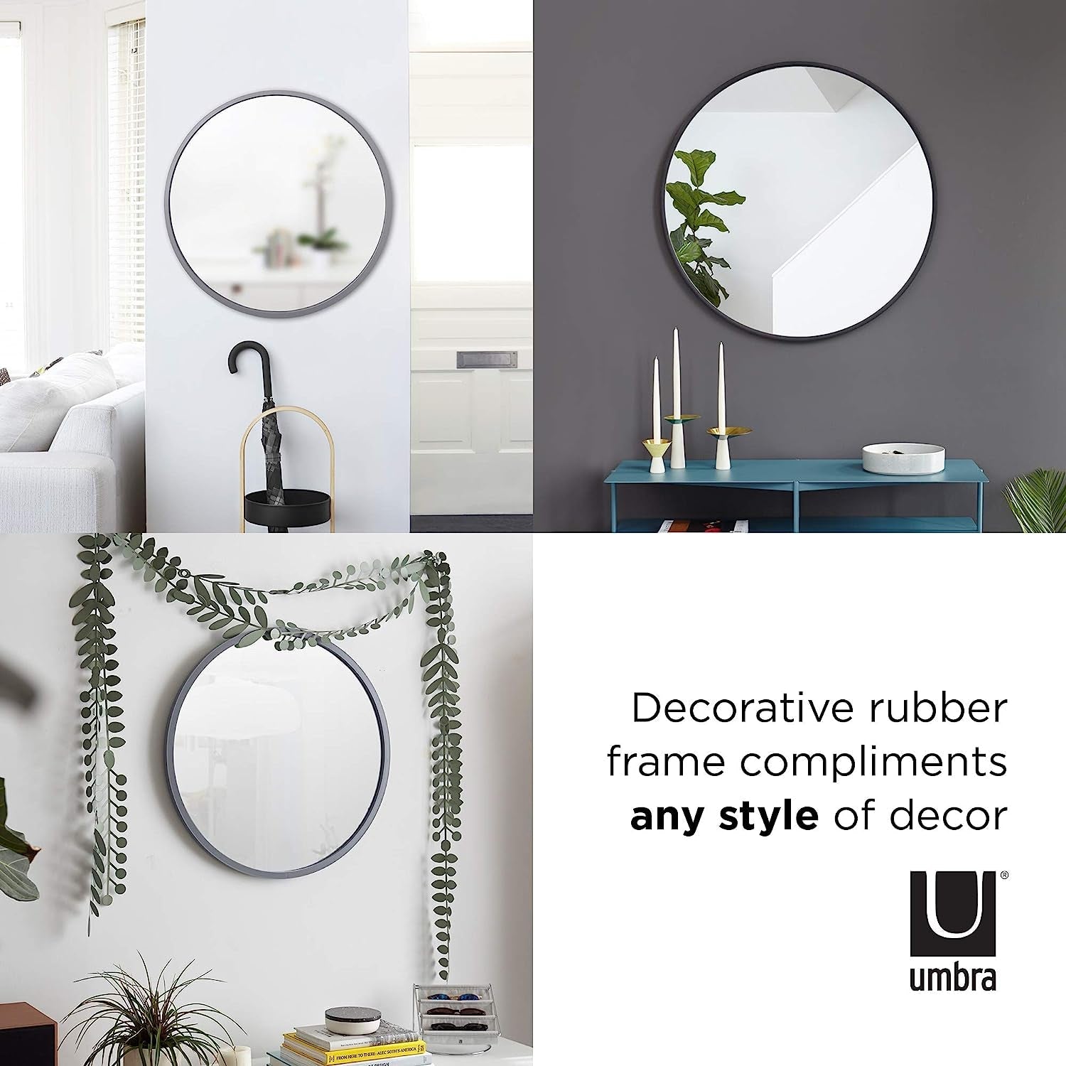 Round Rubber Wall Mirror 37 Inch diameter with decorative rubber frame complements any style of decor.