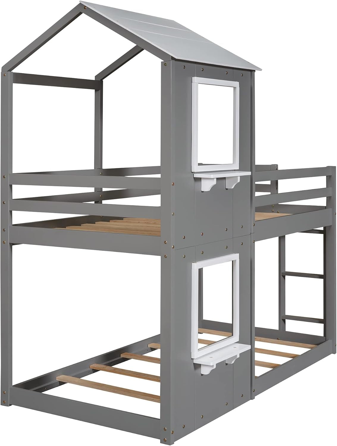 Twin Over Twin House Bunk Bed With Roof And Ladders Grey