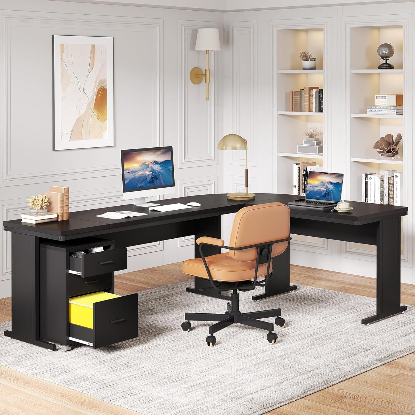 83 Inch L Shaped Executive Desk With 3 Drawer Cabinet