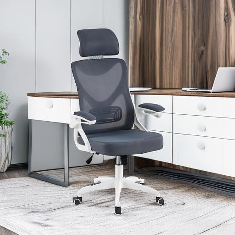 Ergonomic Mesh Office Chair White Gray With Flip Up Armrests