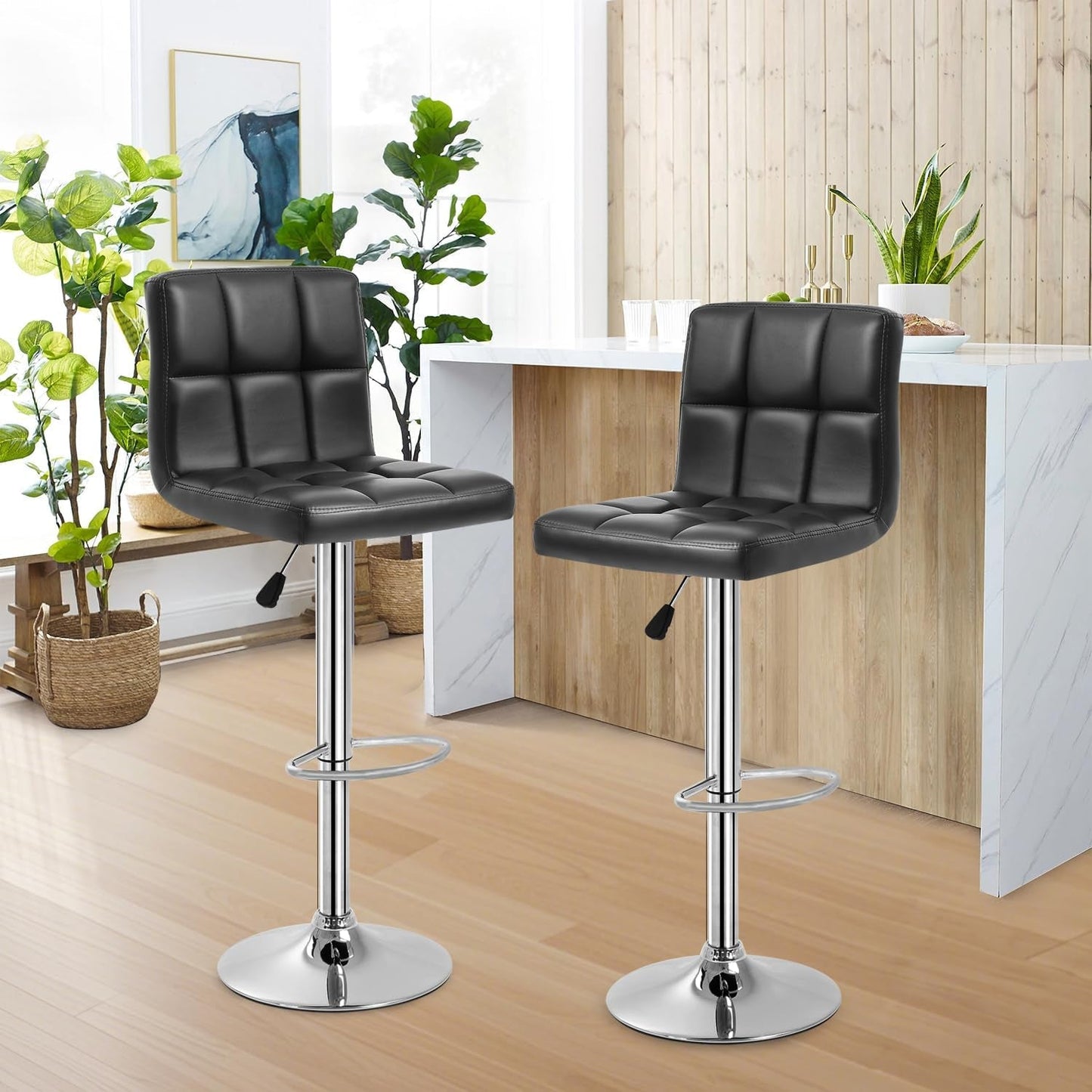 Counter Height Swivel Bar Stool Set Of 2 PU Leather Black