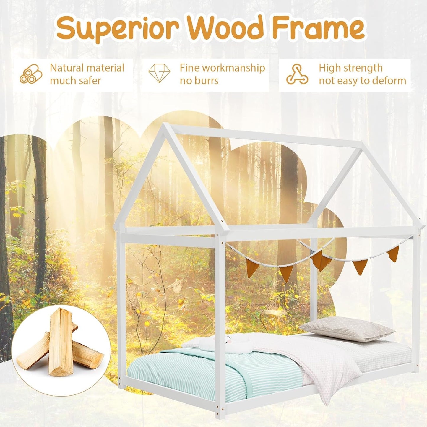Twin House Bed Frame With Roof Canopy Montessori For Kids