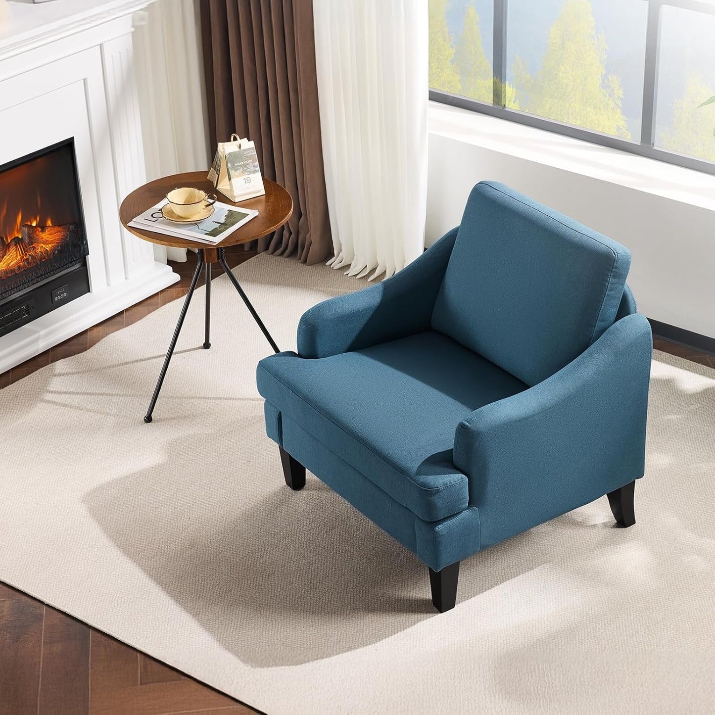Navy Blue Linen Upholstered Accent Chair Modernist Design