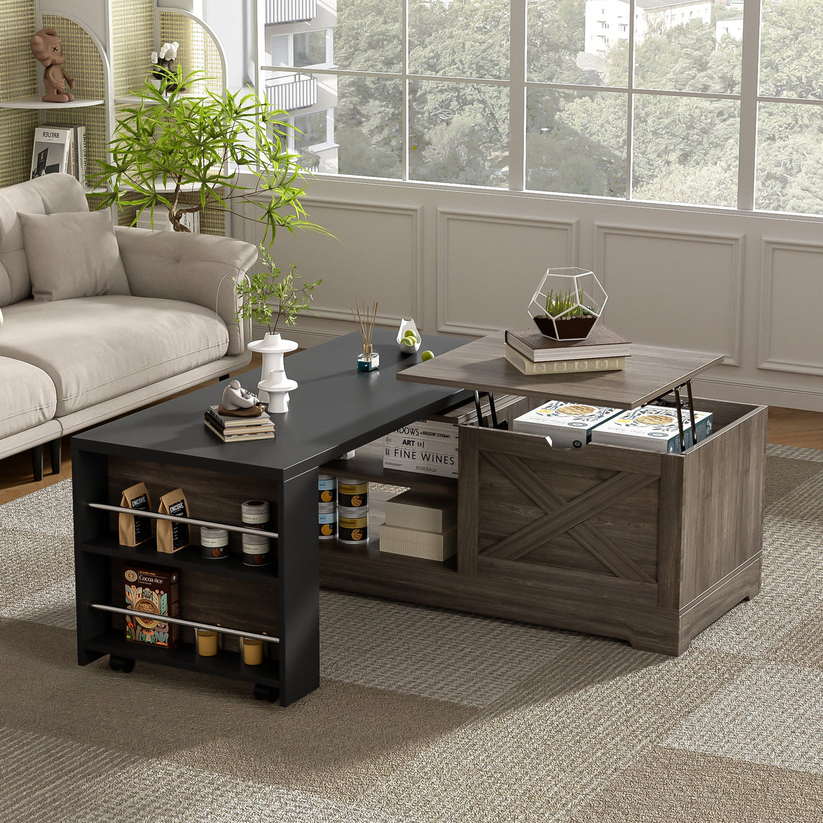 U-Can Farmhouse Lift Top Coffee Table With Barn Doors